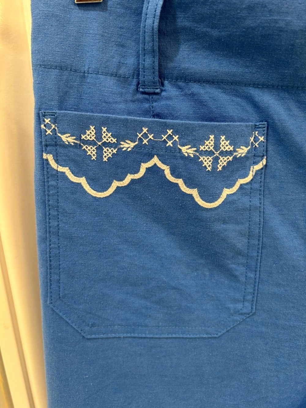Anthropologie Colette Blue Linen Lace Trim Full Length Wide Leg Pants Maeve 30 - Picture 4 of 12